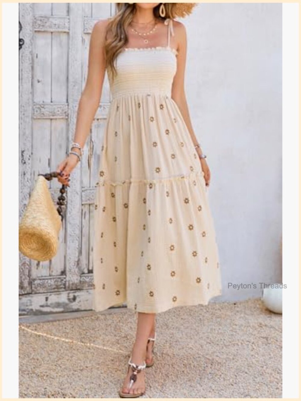 100% Cotton Square Neck Sleeveless Midi Dress with Tie Shoulders and Floral - Picture 2 of 7